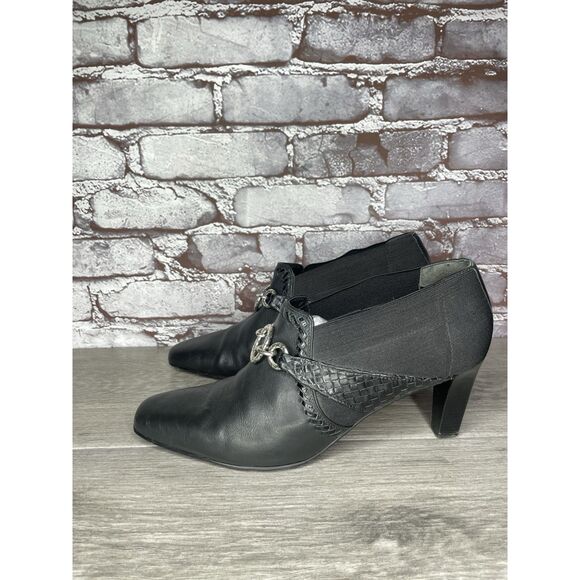 Brighton Rizzo Black Leather Silver Elastic Heel Ankle Booties Women 10M US/41EU - Picture 15 of 16